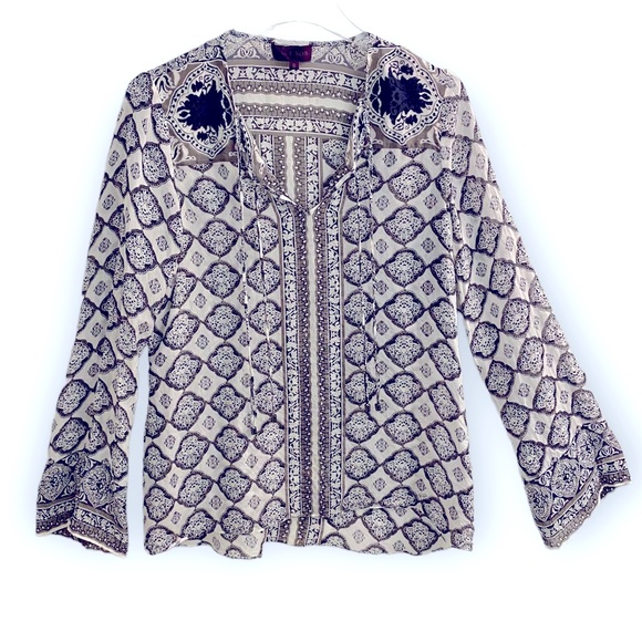 Hale Bob Silk Sheer Boho Top Floral Women Small Black White Gray Double Tassels - Picture 5 of 7